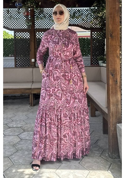 Rabia Şamlı Rengin Şal Desenli Gömlek Elbise Fuşya Normal