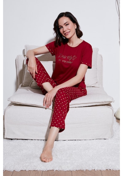 Lela Yumuşak Dokulu Bisiklet Yaka Bayan Pijama Takımı 6097605 Bordo