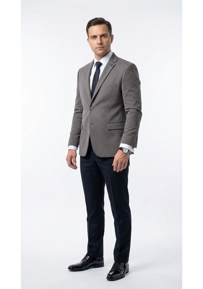 Plus Scorpion Erkek Slim Fit Ceket Likralı Fitilli Kumaş, Çift Düğmeli Tek Yırtmaçlı Modern Tasarım Füme