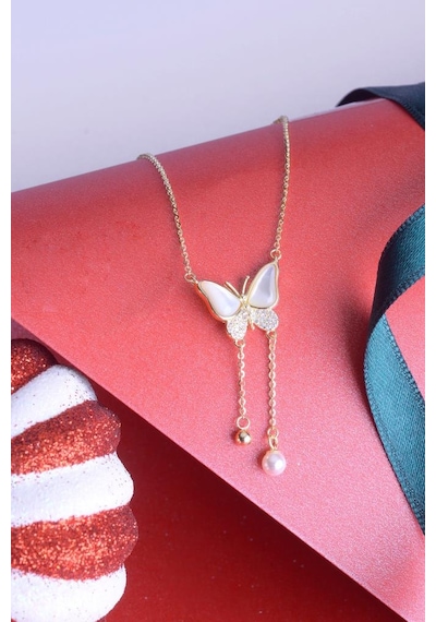Innuendo Jewelry 925 Ayar Gümüş Sedefi İncili Taşlı Kelebek Kolye Altın