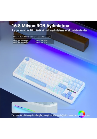 Aula F87 Pro Mekanik Rgb Tkl Graywood V3 Switch Kablosuz Makrolu Hot Swap Klavye Buz Mavi