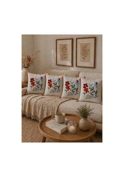 Punch Nakışlı Kırlent Kılıfı 45x45 Cm Kırlangıç Home Çapa Çiçek Desenli Turuncu-beyaz-çiçek