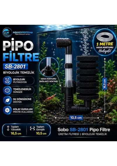 Obo Pipo Filtre - Üretim Filtresi - Biyolojik Temizlik - 1 Metre Hava Hortumu Hediye - 16,5 X 10,5 Cm. - Temizlenebilir Sünger - Sb-2801