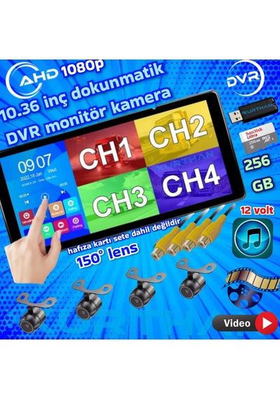 4 Adet 1080p Ahd 150'' Kamera Dokunmatik 10.36'' Video Müzik Dvr Ekran 10.25"