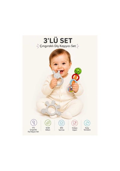 3lü Çıngıraklı Diş Kaşıyıcı Set Gri