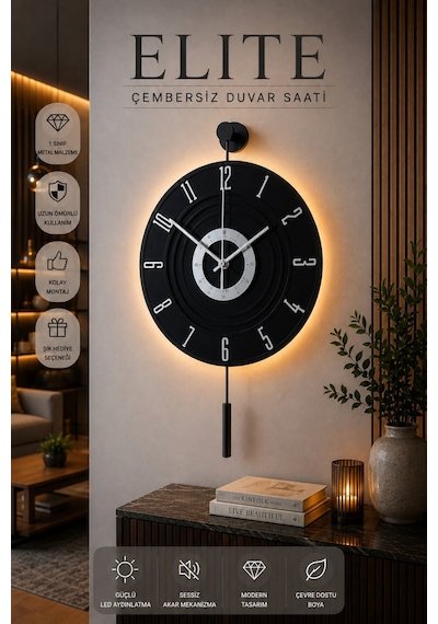 MetaQuartz Aksesuar Full Siyah - Gümüş Rakam - Kardelen 7-24 Kablosuz Pilli Led Modern Dekoratif Duvar Saati