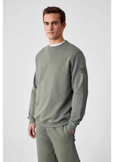 Grimelange OLLIE Erkek Bisiklet Yaka Regular Uzun Kollu Nakış Detaylı Haki Sweatshirt