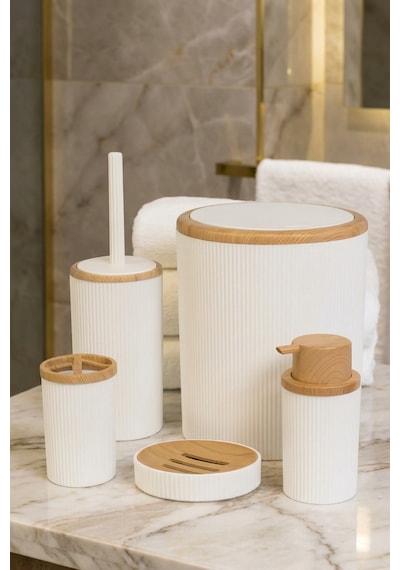 Makri Home Banyo Seti 5'li, Beyaz, Ahşap Desenli, Yuvarlak