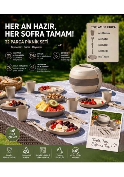 32 Parça 6 Kişilik Taşınabilir Küre Piknik Seti Bej