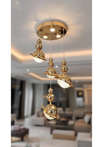Bohem Aydınlatma Gold 3+1 Şapkalı Sarkıt 3 Renk Led Ayarlanabilir Başlık Modern Avize Gold