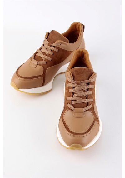 Sara Taba Hakiki Deri Bağcıklı Kadın Sneaker-Taba