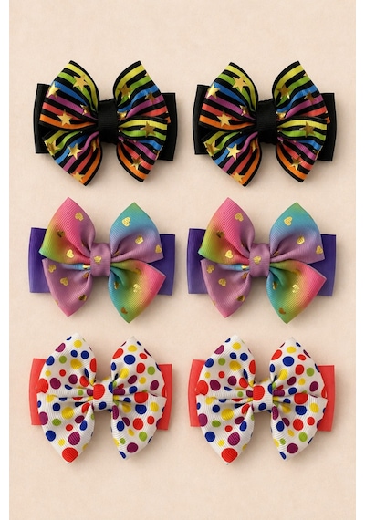 Esila Kids Kız Çocuk Toka Seti Rengarenk Desenli 6'lı Set Çok Renkli