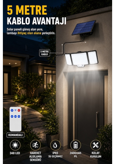 348 Led Solar Duvar Lambası, Güneş Enerjili Dış Mekan Aydınlatma, 5 Metre Kablolu Solar Panel, Hareket Sensörlü, Kumandalı, Ip65 Su Geçirmez Beyaz