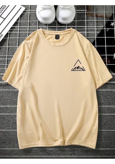 Üçgen Dağ T-shirt - Sarı Baskılı Oversize Bisiklet Yaka Kısa Kol Tişört Sarı