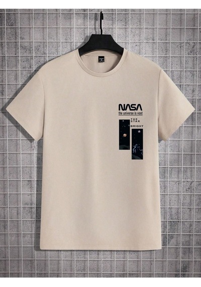 Bej Oversize Nasa Baskılı T-shirt - Oversize Baskılı Bej