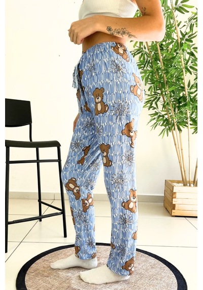 Farya Home Dreamy Soft Kadife Dokulu Ayıcık Desenli Süet Pijama Altı Pantolon Mavi