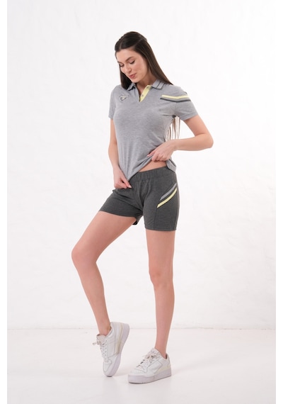 Kadın Polo Yaka T-shirt Takımı Rahat Kesim Yazlık Günlük Kombin Gri Melanj