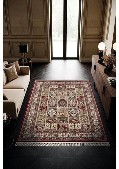Cotto Home Fesane Fn005r Bordo Pamuk Taban Afgan Desenli Salon Oturma Odası Halısı