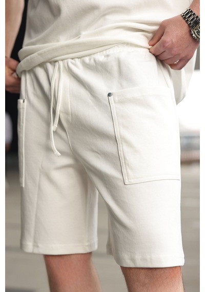 Madmext Ekru Bisiklet Yaka Oversize Erkek Şort T-shirt Takım E7355 Ekru