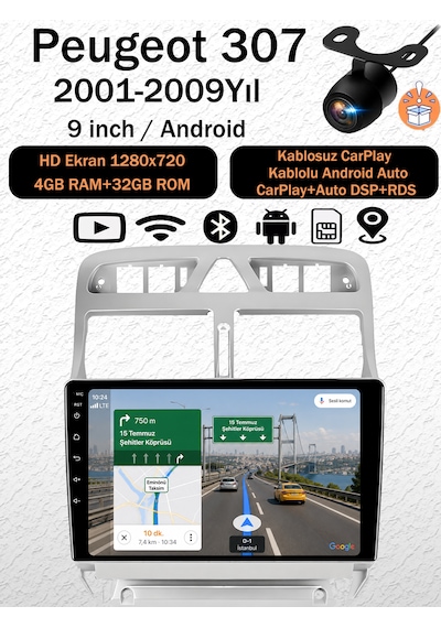 Peugeot 307 2001-2009 Android 14 Navigasyon Multimedya Tesla Ekran Android Teyp Double Teyp 4gb Ram 32gb Hafıza Kablosuz Carplay Android Auto 9"