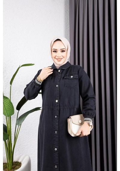 Harman Butik Kadın Düğmeli Pamuk Gabardin Kap Siyah Siyah