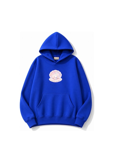 Herkesemoda İnci Baskılı Kapüşonlu 2 İplik Şardonlu Sweatshirt Mavi