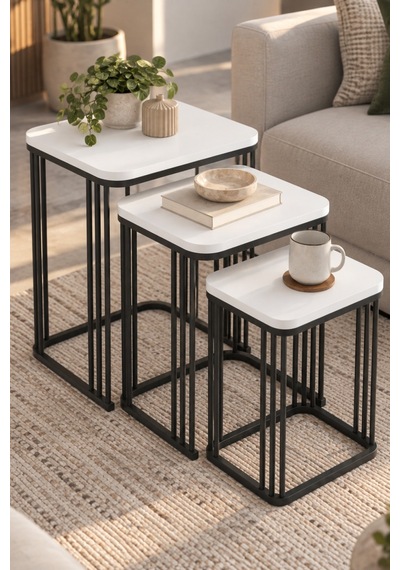 Sulorahome 3'lü Beyaz Kare Zigon Sehpa Seti Metal Ayaklı