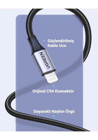 Ugreen Lightning - Usb-a Örgülü Mfi Sertifikalı Apple Uyumlu iPhone  Hızlı Şarj Kablosu, 1 M, Siyah, 60156