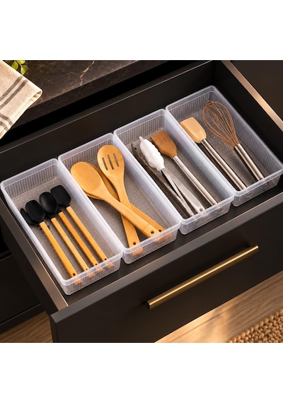 Tr 0383 4'lü Modüler Çekmece İçi Organizer Seti 30x15 Cm Şeffaf Mutfak, Kaşıklık, Kozmetik Ve Ofis Düzenle Genel