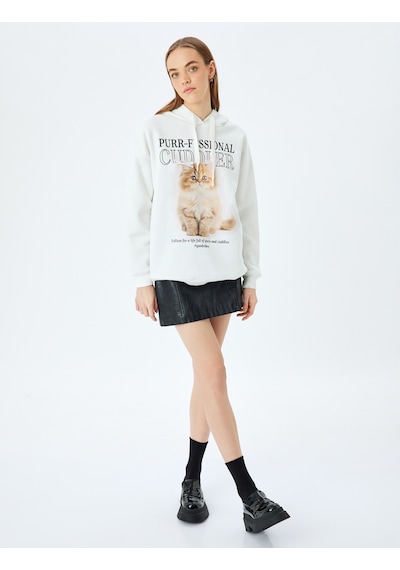 Koton Kapüşonlu Kedi Baskılı Uzun Kollu Rahat Kalıp Sweatshirt Ekru 5sal10480ık Ekru