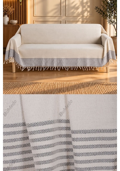 Natural Buldan İşi Kolları Örten Kaymaz Kanepe Çekyat Koltuk Örtüsü 180x300 Cm Pamuk Dokuma Kreme Gri Kreme Gri