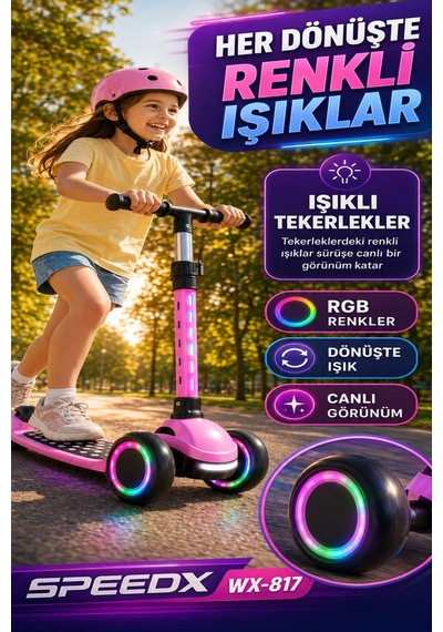 Pembe Speedx Wx-817 Rgb Işıklı Müzikli Çocuk Scooter Ayarlanabilir Alüminyum T-bar Tekerlekli Frenli