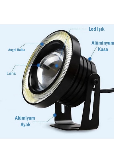 Fiat Fiorino Uyumlu, Universal Mercekli Led Angel Sis Farı, 76mm Buz Mavi Renk