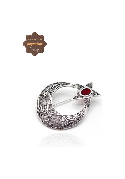 Midyat Nurtaş Gümüş Yakut Taşlı Ay Yıldız Model Telkari Gümüş Kadın Broş 201023488 Gümüş