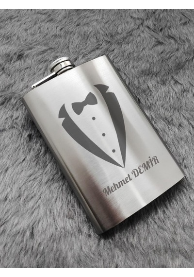 Kişiye Özel Smokin Damat Temalı 9 Oz Çelik Cep Matarası 266 Ml Sevgiliye Hediye Gümüş