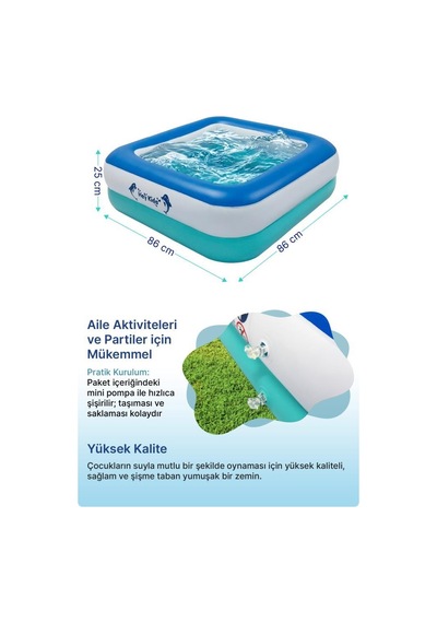 Heykida Swim Safe Kare Yüzme Havuzu 86x86x25cm Mavi