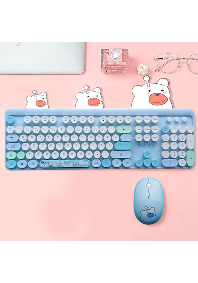 Mofii Ayıcık Desenli Kablosuz Renkli Yuvarlak Tuşlu Klavye Mouse Set-al4258 Pembe Diğer