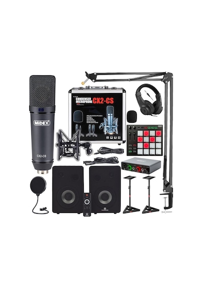 Midex Private Paket-6 Stüdyo Ekipmanları Seti Monitör Mikrofon Ses Kartı Kulaklık Midi Pad Controller
