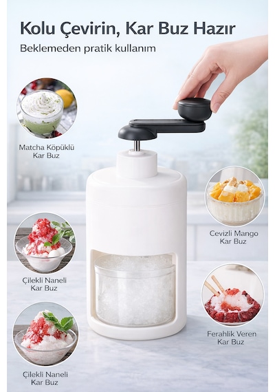 Manuel Buz Kırma Aparatı 500 Ml Hazneli, Kol Çevirmeli Ice Crusher, Slushie Ve Frozen İçecek Yapıcı Beyaz