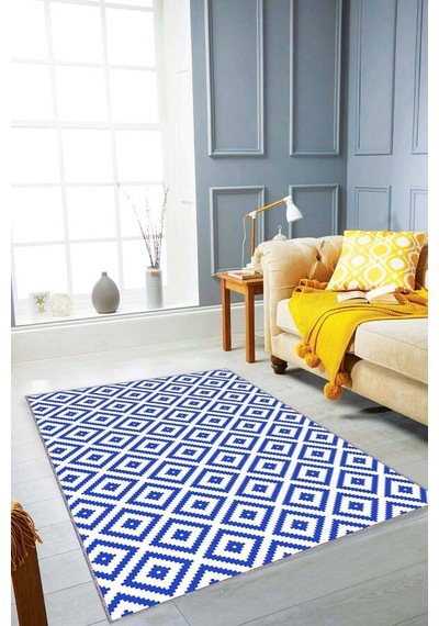 Saks Mavi Karo Desen Kaymaz Tabanlı Dekoratif Halı Kr003n11