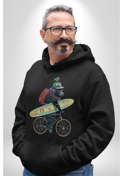 Komik Köpek Sörf Tahtası Bisiklet Kadın Erkek Siyah Kapüşonlu Sweatshirt Hoodie Siyah