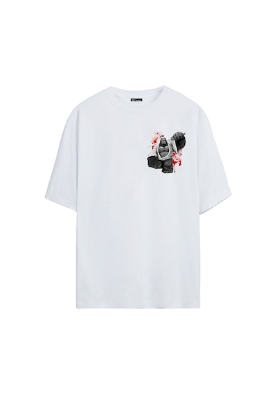 Thewert Unisex Goril Samuray Baskılı Beyaz Oversize Tshirt