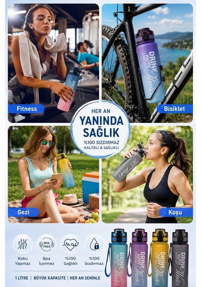 Su Matarası 1l - Bpa İçermez Tritan Motivasyonel Suluk - Okul - Spor - Kamp - Pro Matara Siyah Diğer