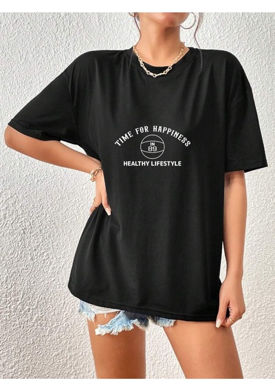 Uyguntarz Unisex Time For Happiness Tasarım Basklı Tshirt Siyah