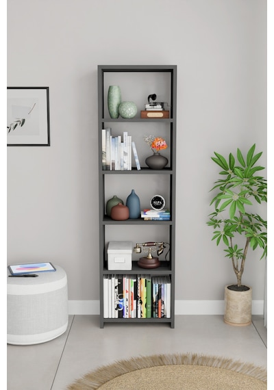 Alpaevmobilya Ahşap 5 Raflı 150 Cm Çok Amaçlı Açık Kitaplık Dekoratif Salon Rafı Düzenleyici Ve Organizer Antrasit