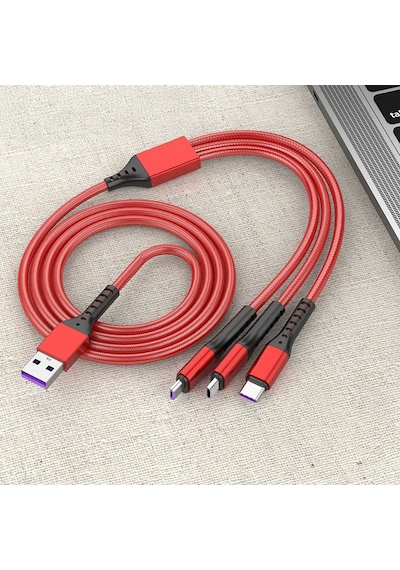 Hasır, 3 İn 1, Şarj Kablosu, Lightning & Micro Usb, Type-c, Apple Uyumlu iOS , - Kırmızı
