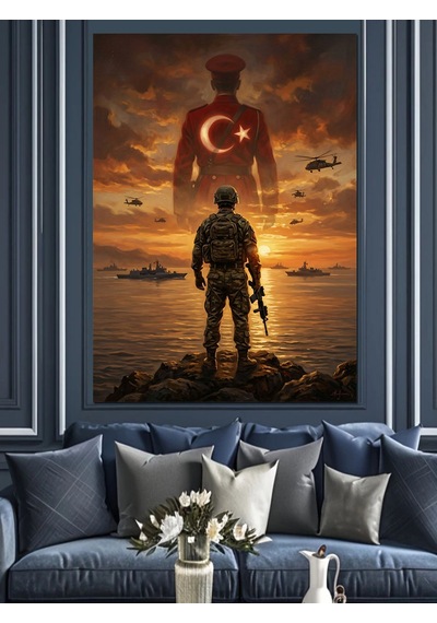 Türk Bayrağı Önünde Nöbetçi Mehmetçik Dekoratif Kanvas - Mdf Ahşap Tablo