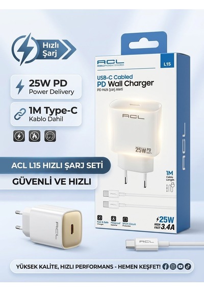 Acl L15 25w Pd Hızlı Şarj Cihazı + 1m Type-c Kablo Seti - Lisinya Beyaz