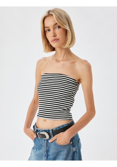 Koton Straplez Crop Üst Ribanalı Slim Fit Siyah Çizgili 4sak10968ek