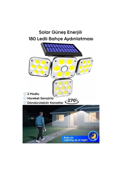 Technosmart 180 Led 4 Başlıklı Solar Hareket Sensörlü Bahçe Duvar Lambası 270 Ip65 2400 Mah